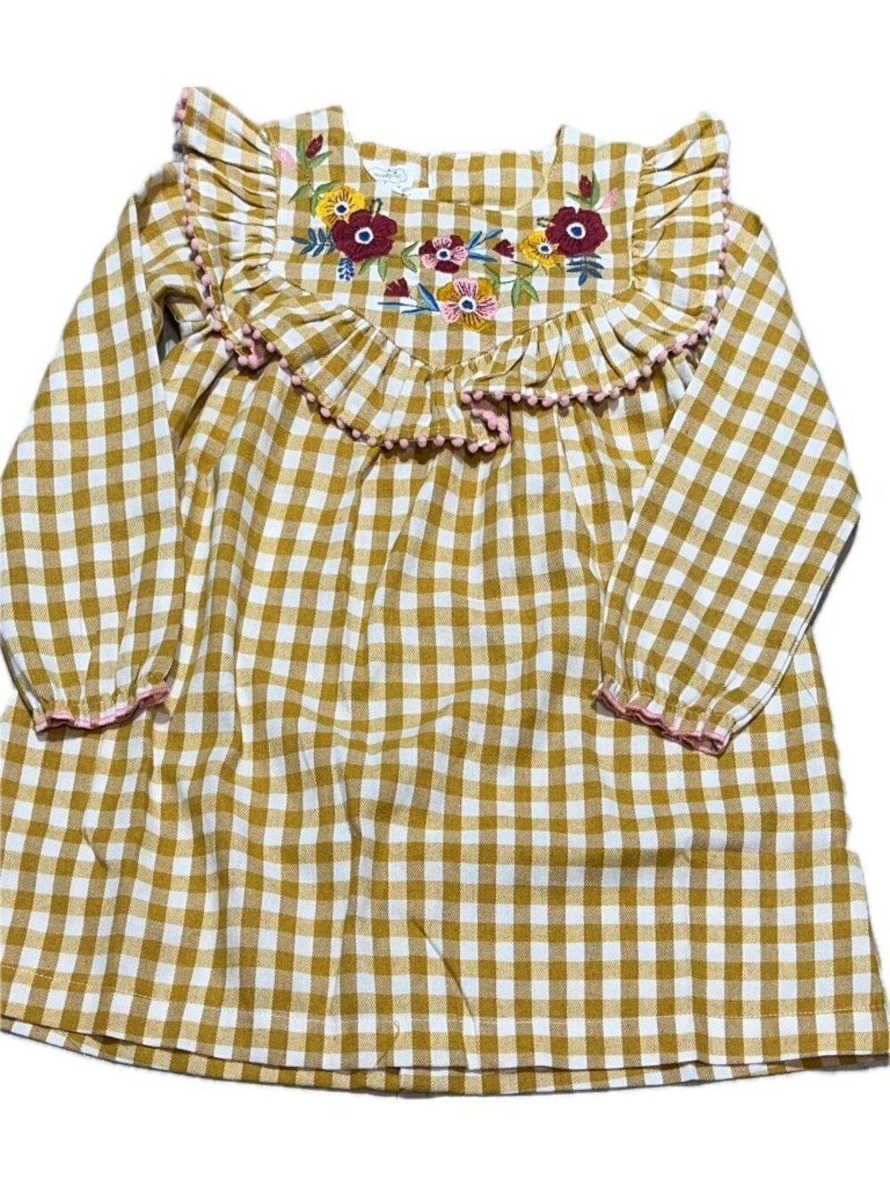 Mud Pie gingham embroidered Dress 4T NWT mustard yellow floral Thanksgiving